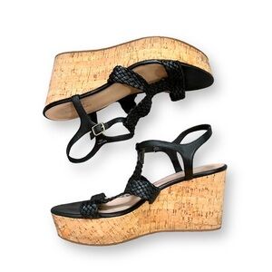 Black and tan Kate Spade cork wedge platform sandals